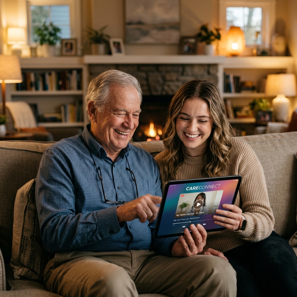 Grandfather and granddaughter using the app
